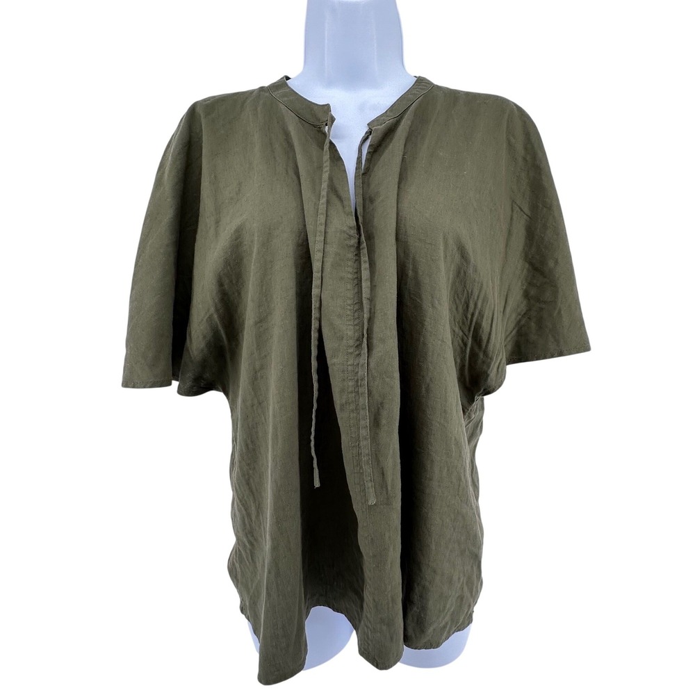Marks & Spencer Linen Blend Blouse Flutter Sleeve Tie Neck Women 12 Hunter Green